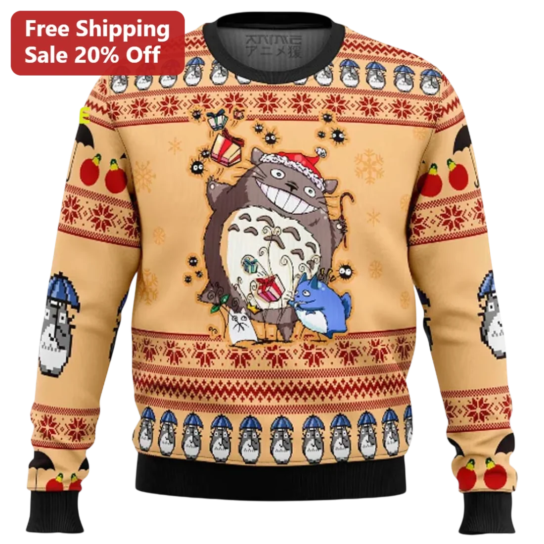 Totoro Sweatshirt Ugly Christmas Santa Hat Soot Sprites Fair Isle Studio Ghibli Anime Holiday Gift available at our Miami, Florida warehouse