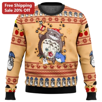 Totoro Sweatshirt Ugly Christmas Santa Hat Soot Sprites Fair Isle Studio Ghibli Anime Holiday Gift available at our Miami, Florida warehouse