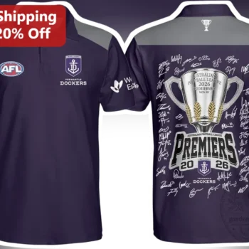 AFL Fremantle Dockers Premiers 2026 Polo Shirt Purple Army Fan Merch available at our Miami, Florida warehouse
