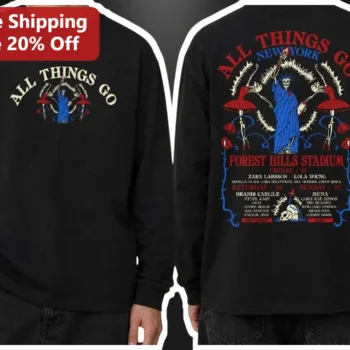 All Things Go New York Sweatshirt Statue of Liberty Skeleton Ballerina Vintage Music Festival Merch available at our Miami, Florida warehouse