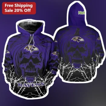 Baltimore Ravens Halloween Skull Pumpkin Hoodie NFL Fan Gear Purple All-Over Print Pullover available at our Miami, Florida warehouse
