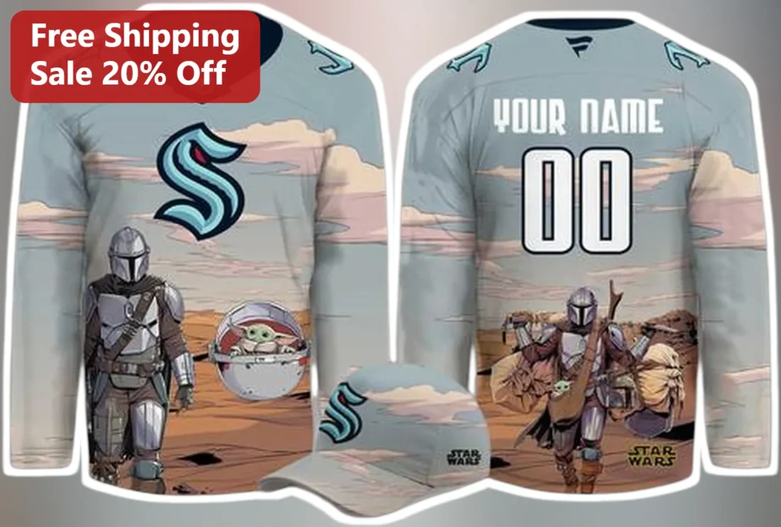The Mandalorian Jersey Grogu Baby Yoda Seattle Kraken Hockey Style Custom Name Number Gift for Men W available at our Miami, Florida warehouse