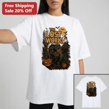 The Lost World Halloween Tee Vintage Spooky T-Rex Dinosaur Graphic Shirt for Men and Women available at our Miami, Florida warehouse