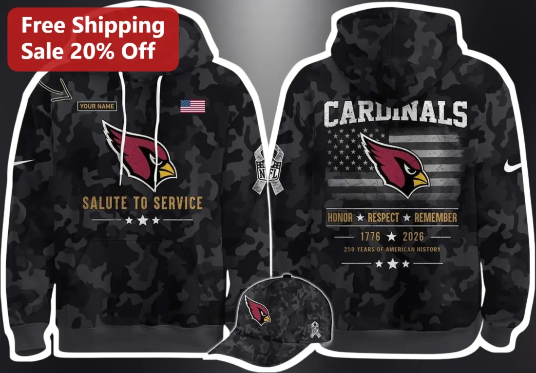 Cardinals Salute to Service Hoodie Honor Respect Remember 1776-2026 American History Military Apprec available at our Miami, Florida warehouse