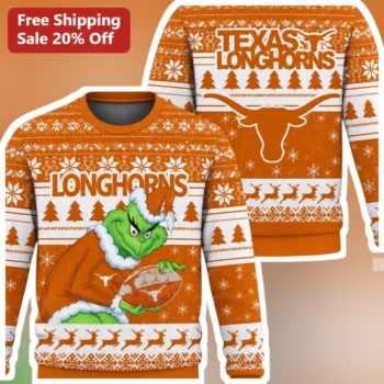 Texas Longhorns The Grinch Ugly Christmas Sweatshirt UT Austin College Football Holiday Gift available at our Miami, Florida warehouse