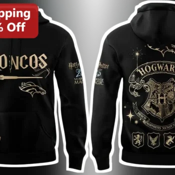 Broncos Hogwarts Hoodie Harry Potter Denver Broncos NFL Fan Gift Black Pullover Sweatshirt available at our Miami, Florida warehouse