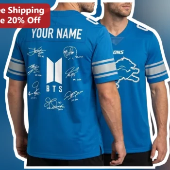 BTS Football Jersey Style Tee Signature of BTS Members Detroit Lions Mashup Kpop ARMY Gift available at our Miami, Florida warehouse