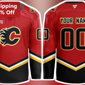 Calgary Flames Jersey Custom Name Number Red Black Yellow NHL Hockey Fan Gear Gift available at our Miami, Florida warehouse