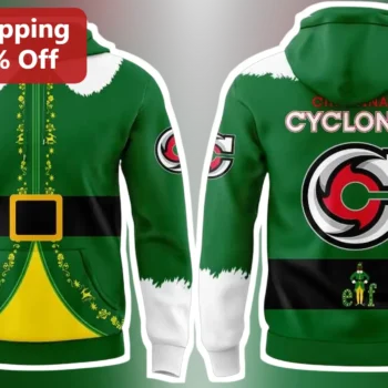Cincinnati Cyclones Elf Holiday Hoodie Green Zip Up Fan Gift available at our Miami, Florida warehouse