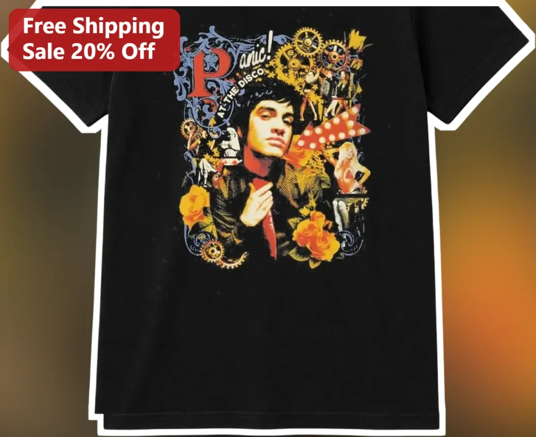 Panic! At The Disco Brendon Urie Steampunk Collage Graphic Tee Vintage Band Shirt available at our Miami, Florida warehouse