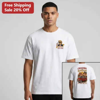 Cruising for Burgers Donald Trump West Coast Drive-Thru Graphic Tee, Funny Retro Fast Food Burger Sh available at our Miami, Florida warehouse