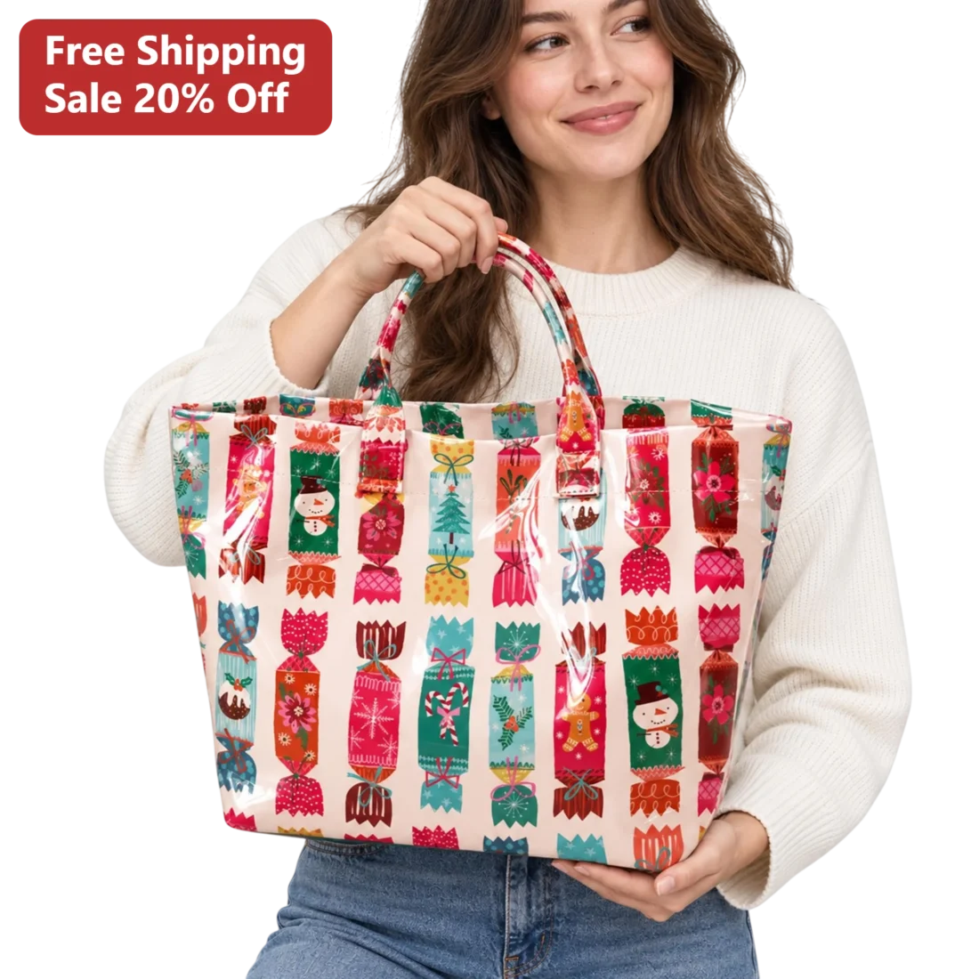 Christmas Candy Wrapper Pattern Tote Bag Holiday Shopping Reusable Gift Bag for Women available at our Miami, Florida warehouse