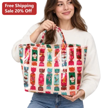 Christmas Candy Wrapper Pattern Tote Bag Holiday Shopping Reusable Gift Bag for Women available at our Miami, Florida warehouse