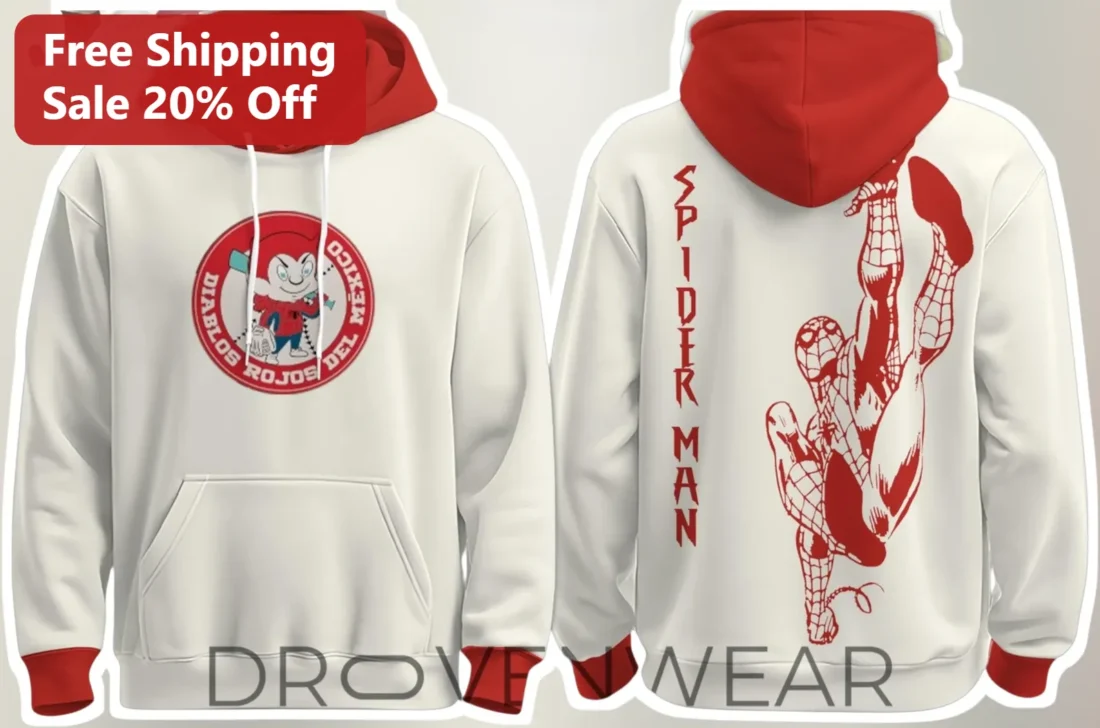Diablos Rojos Del Mexico Spiderman Hoodie Marvel Baseball Crossover Fan Gear available at our Miami, Florida warehouse