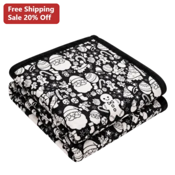 Black and White Christmas Pattern Blanket Monochrome Holiday Throw with Santa Gingerbread Candy Cane available at our Miami, Florida warehouse