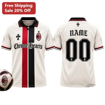 Chrome Hearts Polo Shirt Gothic Cross AC Milan Style Luxury Streetwear White Red Black Racing Stripe available at our Miami, Florida warehouse