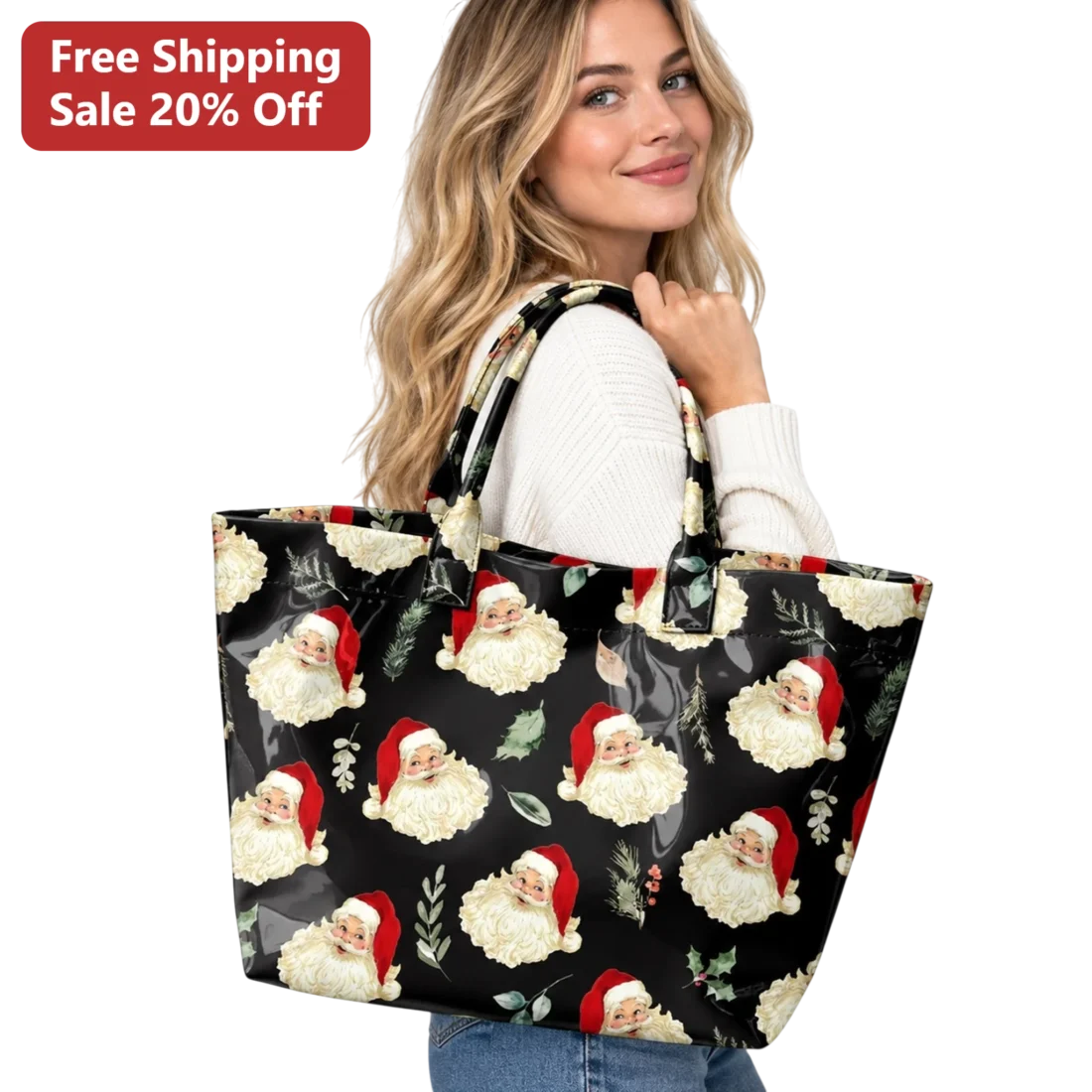 Santa Claus Tote Bag Vintage Holiday All Over Print Black Reusable Christmas Gift for Women available at our Miami, Florida warehouse