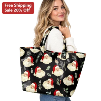 Santa Claus Tote Bag Vintage Holiday All Over Print Black Reusable Christmas Gift for Women available at our Miami, Florida warehouse