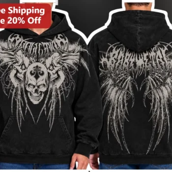 Gothic Skull Tribal Print Hoodie Heavy Metal Acid Wash Sweatshirt for Men available at our Miami, Florida warehouse