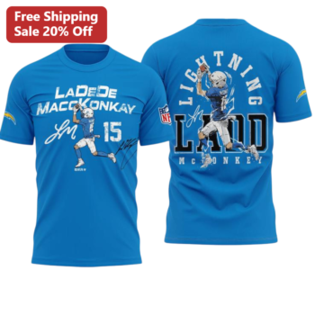 Ladd McConkey Lightning Tee Los Angeles Chargers Wide Receiver Fan Gear available at our Miami, Florida warehouse