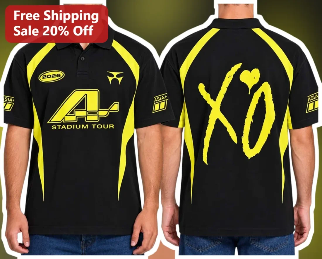 XO Stadium Tour Polo Shirt Ariana Grande Concert Merch Black Neon Yellow Graphic Apparel available at our Miami, Florida warehouse