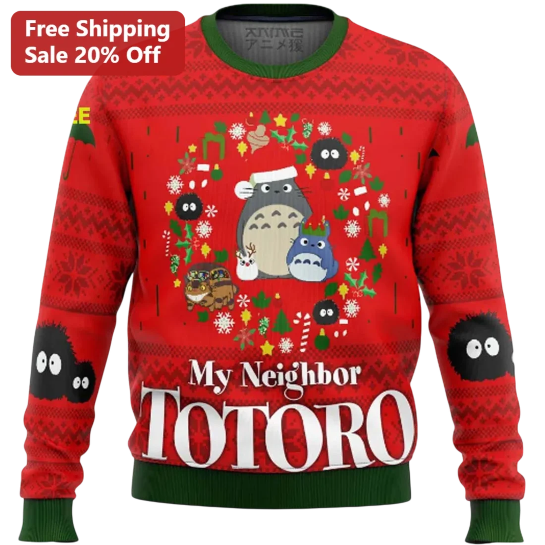 My Neighbor Totoro Ugly Christmas Sweater Santa Hat Catbus Soot Sprites Anime Holiday Gift for Studi available at our Miami, Florida warehouse