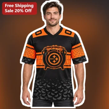 Steelers Halloween Cauldron Jersey Black Orange Spooky NFL Fan Gear available at our Miami, Florida warehouse
