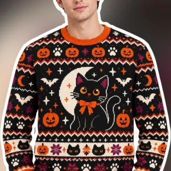 Halloween Cat Ugly Sweater Sweatshirt Spooky Cute Black Cat Crewneck Gift for Women Men available at our Miami, Florida warehouse