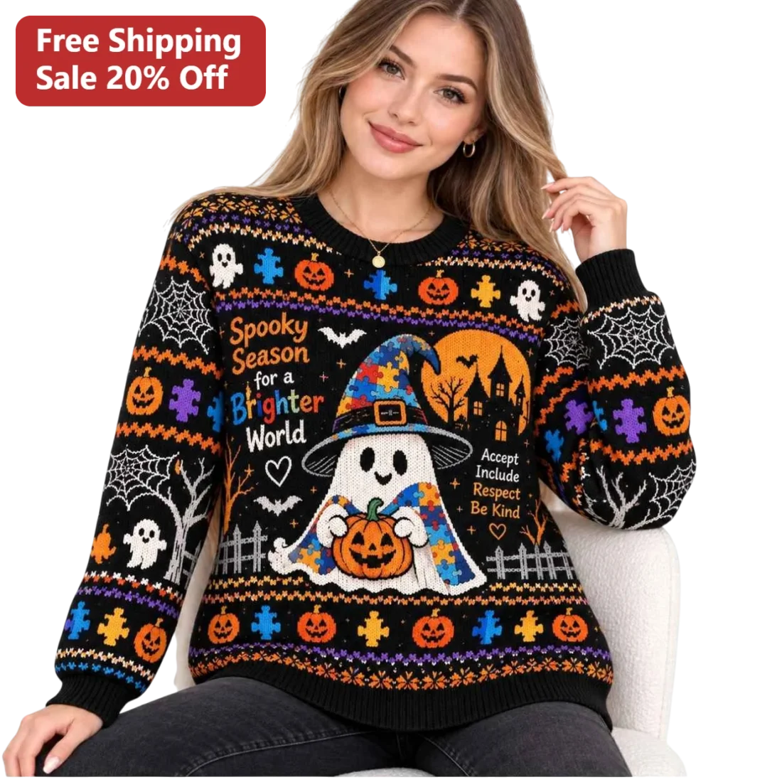 Spooky Season for a Brighter World Accept Include Respect Be Kind Halloween Sweater available at our Miami, Florida warehouse