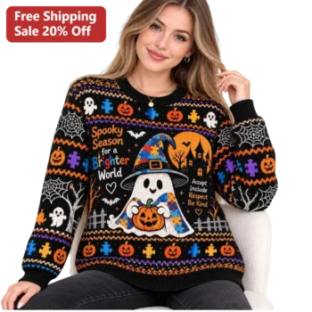 Spooky Season for a Brighter World Accept Include Respect Be Kind Halloween Sweater available at our Miami, Florida warehouse