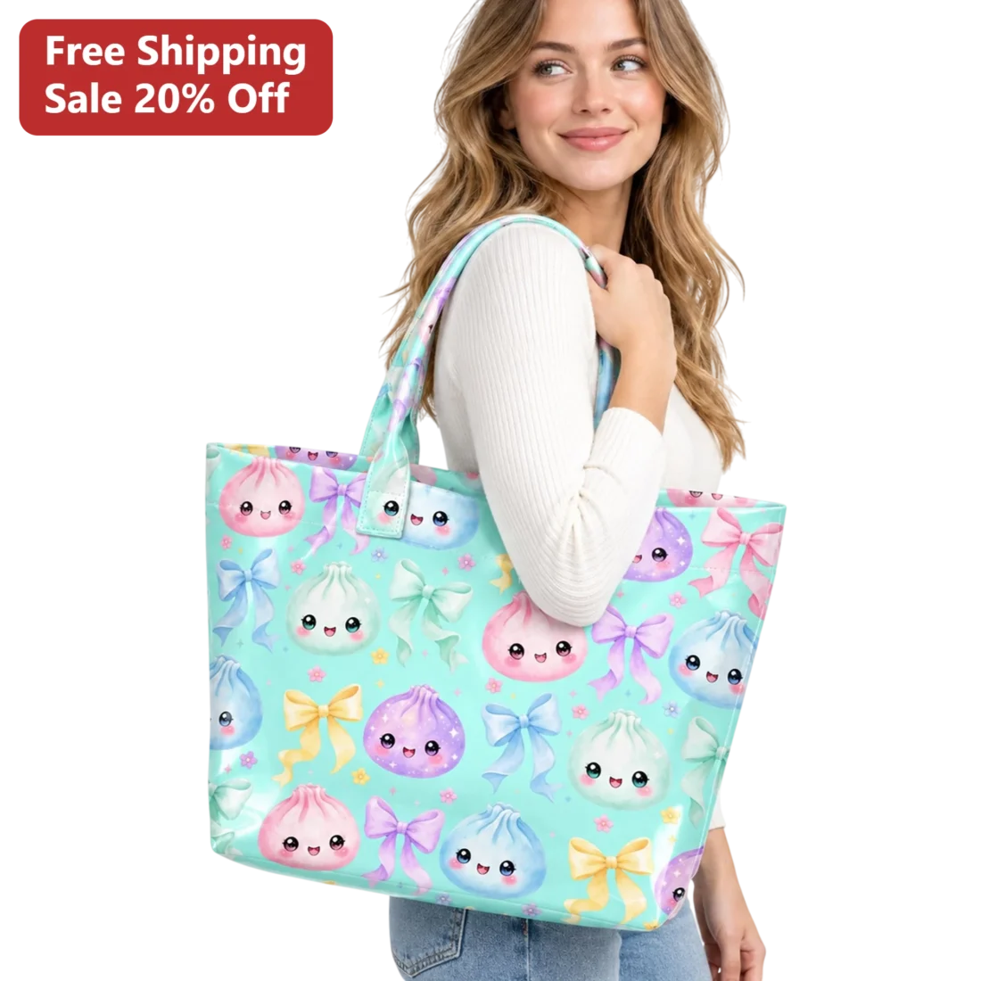Kawaii Dumpling Bow Tote Bag Cute Pastel Anime Foodie Gift for Women available at our Miami, Florida warehouse