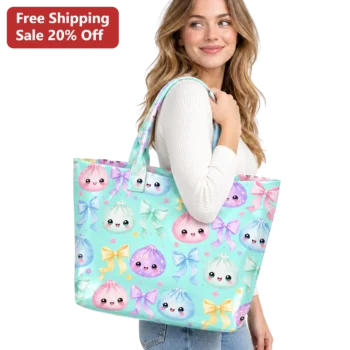 Kawaii Dumpling Bow Tote Bag Cute Pastel Anime Foodie Gift for Women available at our Miami, Florida warehouse