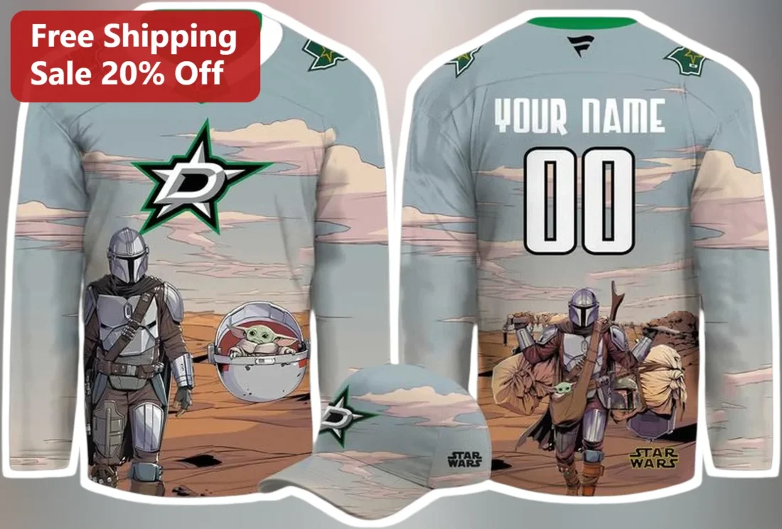 Star Wars Jersey The Mandalorian Grogu Baby Yoda Dallas Stars Hockey Fan Gift available at our Miami, Florida warehouse