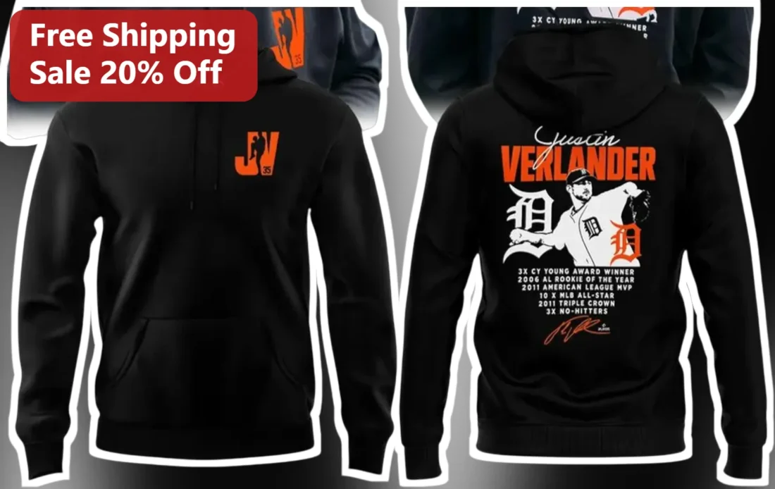 Justin Verlander 3X Cy Young Winner MVP All-Star Detroit Tigers Baseball Fan Hoodie available at our Miami, Florida warehouse