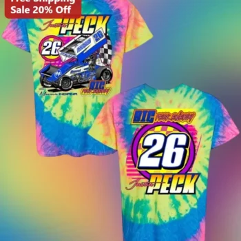 Justin Peck Number 26 Sprint Car Racing Graphic Tee Rainbow Tie Dye Motorsports Fan Gift available at our Miami, Florida warehouse