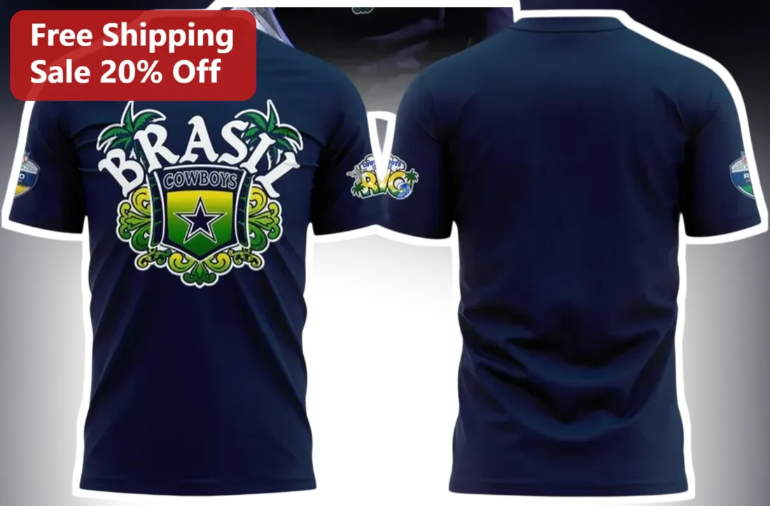 Brasil Cowboys Tee NFL Rio Game Brazil 2026 Fan Apparel Tropical Rodeo Graphic T-Shirt available at our Miami, Florida warehouse