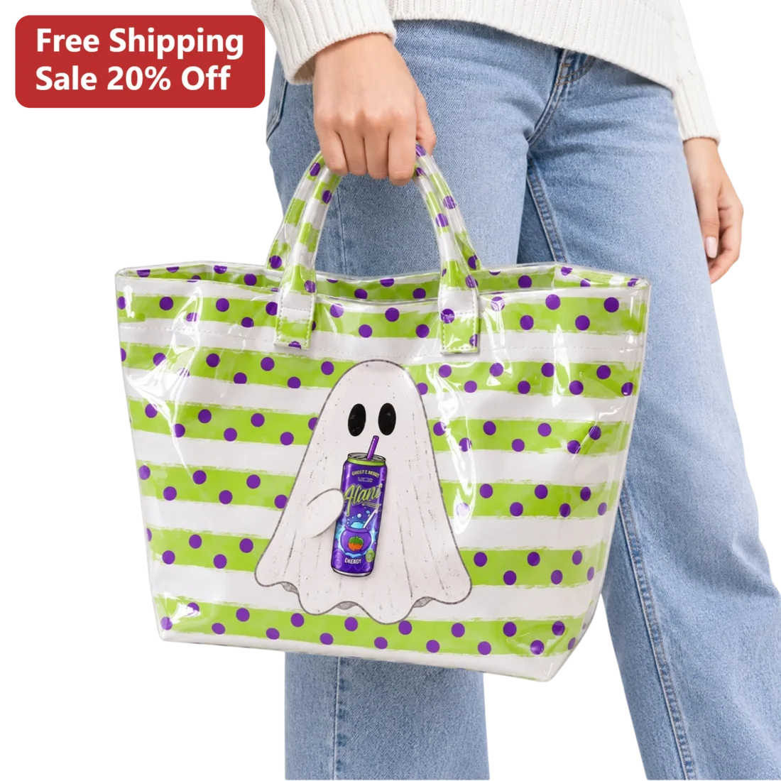 Ghost E Ready Alant Tote Bag Cute Halloween Ghost Energy Drink Merch Clear PVC Purse available at our Miami, Florida warehouse