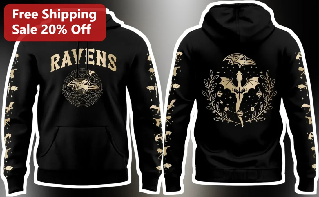 Baltimore Ravens Hoodie Black Gold Fantasy Dragon NFL Fan Gear Pullover available at our Miami, Florida warehouse