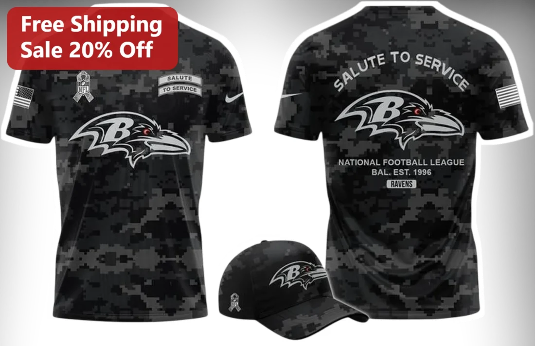 Salute to Service Baltimore Ravens Tee NFL Military Appreciation Est. 1996 Camo Shirt Gift for Fans available at our Miami, Florida warehouse