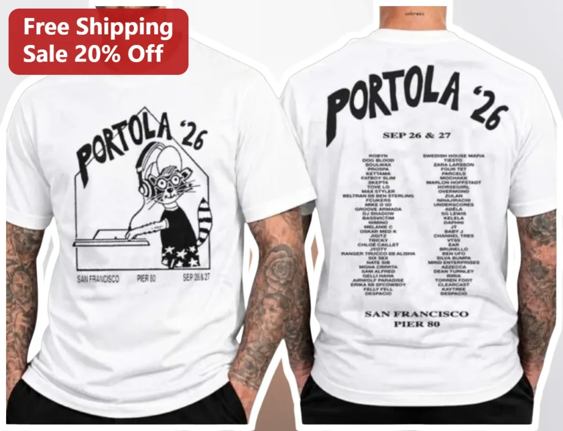 Portola '26 Tee DJ Cat Lineup Graphic T-Shirt EDM Festival Merch available at our Miami, Florida warehouse