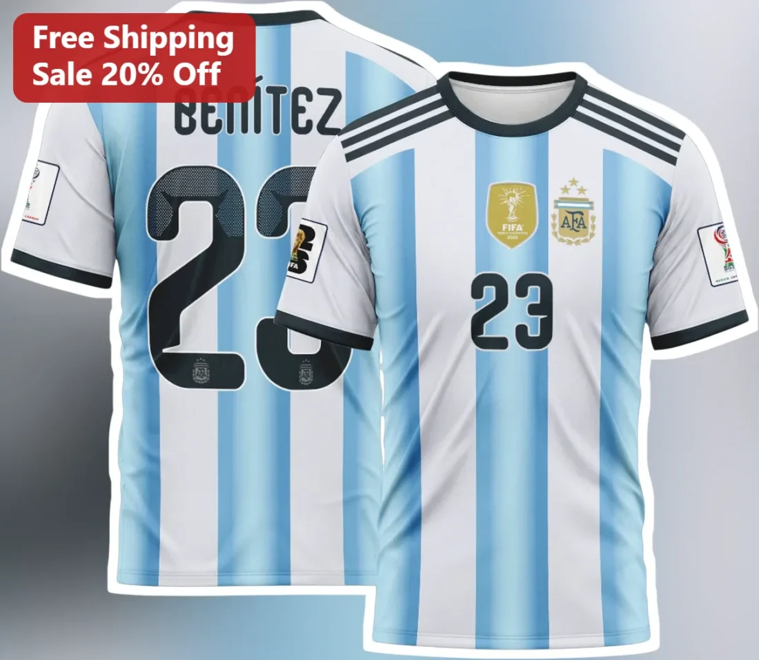 Argentina Soccer Jersey Mockup Tee Custom Name Number Fan Apparel available at our Miami, Florida warehouse