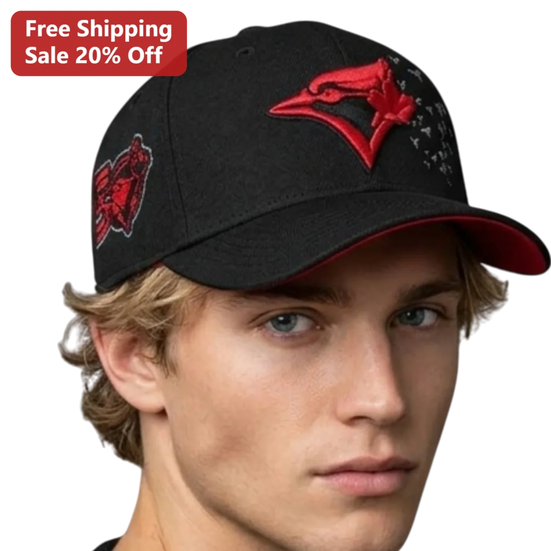 Toronto Blue Jays Logo Cap Black Baseball Hat with Red Embroidered Bird and Maple Leaf for MLB Fans available at our Miami, Florida warehouse