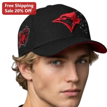 Toronto Blue Jays Logo Cap Black Baseball Hat with Red Embroidered Bird and Maple Leaf for MLB Fans available at our Miami, Florida warehouse