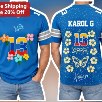 NATANDO POR EL MUNDO Jersey Karol G Signature Detroit Lions Football Shirt available at our Miami, Florida warehouse
