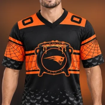 New England Patriots Halloween Spooky Jersey Black Orange Football Fan Gear available at our Miami, Florida warehouse