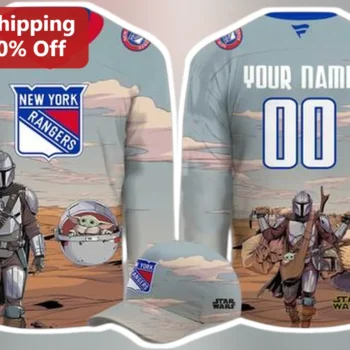New York Rangers Hockey Jersey The Mandalorian Grogu Star Wars Mashup Fan Gear available at our Miami, Florida warehouse