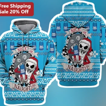 Nice Or Naughty Jack Skellington Ugly Christmas Sweater Hoodie Funny Holiday Gift available at our Miami, Florida warehouse