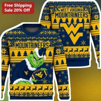 West Virginia Mountaineers The Grinch Ugly Christmas Sweatshirt available at our Miami, Florida warehouse