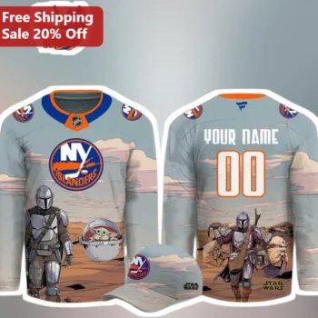 NY Islanders Star Wars Jersey The Mandalorian Grogu Baby Yoda NHL Hockey Fan Gift Custom Name available at our Miami, Florida warehouse