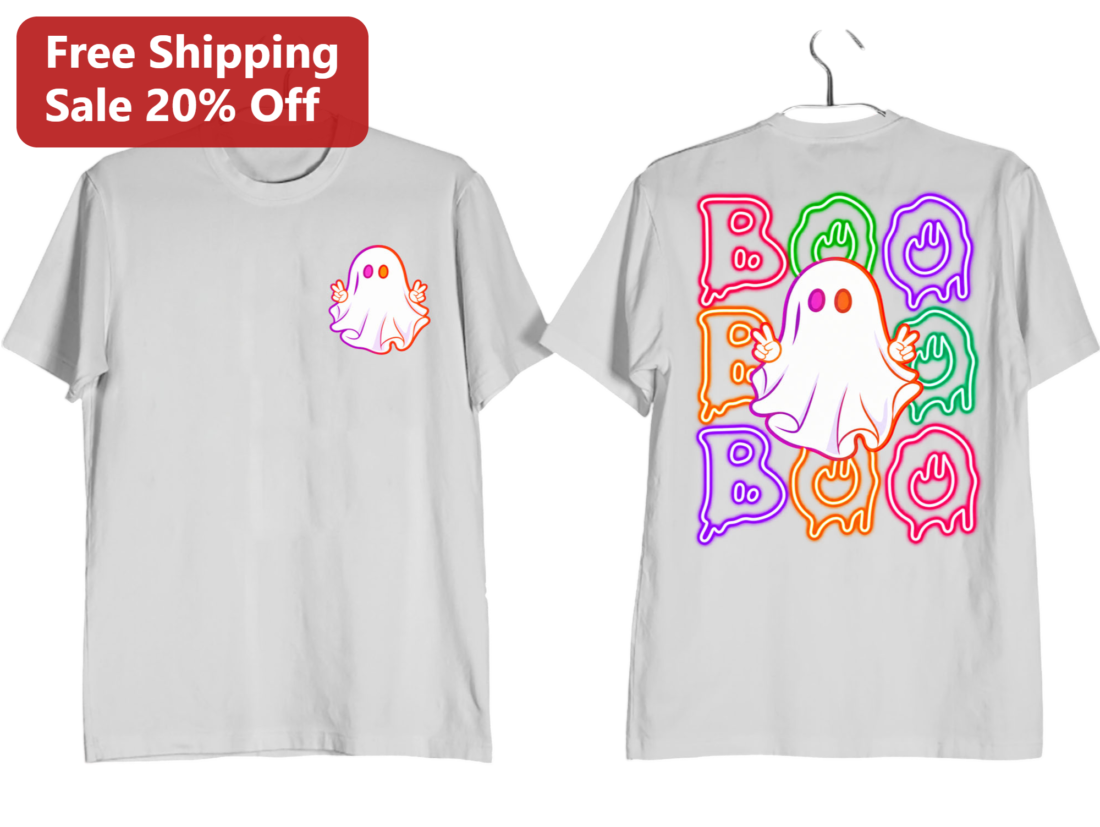 Boo Tee Cute Neon Ghost Halloween Graphic Shirt for Kids Teens available at our Miami, Florida warehouse